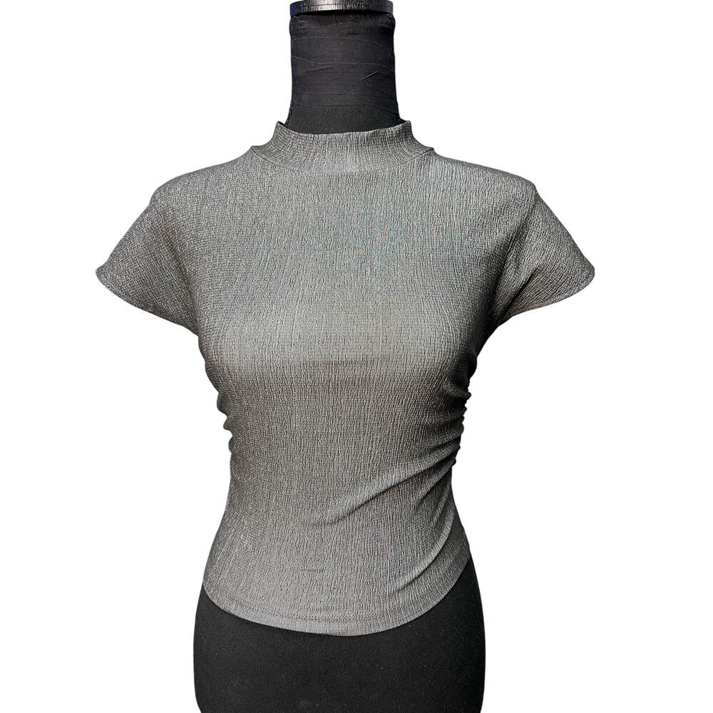 Zara Metallic Mock Neck Ruched Side Top Womens SM Silver Gray Stretch Metallic